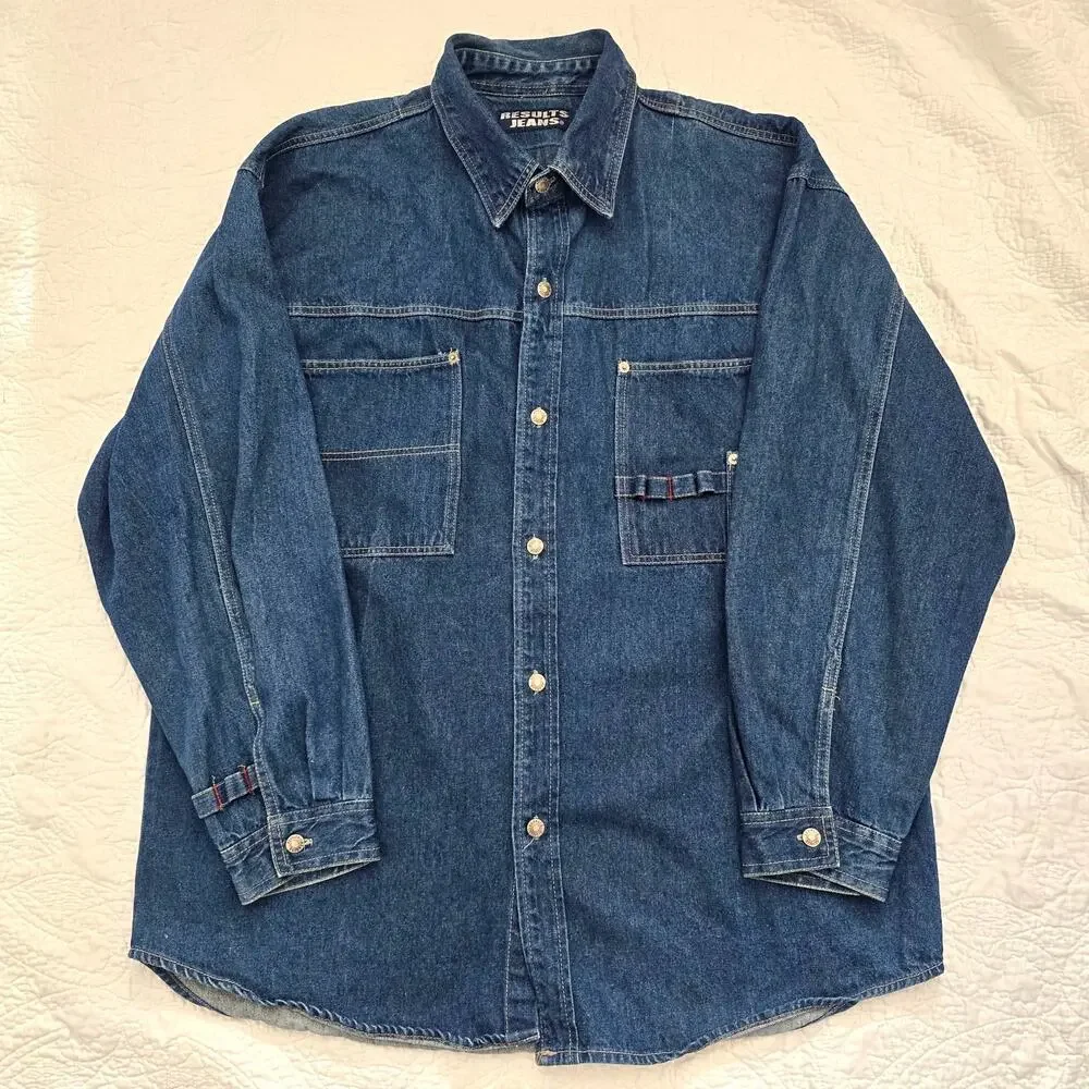 Vintage Results Jeans Men's Denim Oversized Chore Jacket Silver Button Size XL